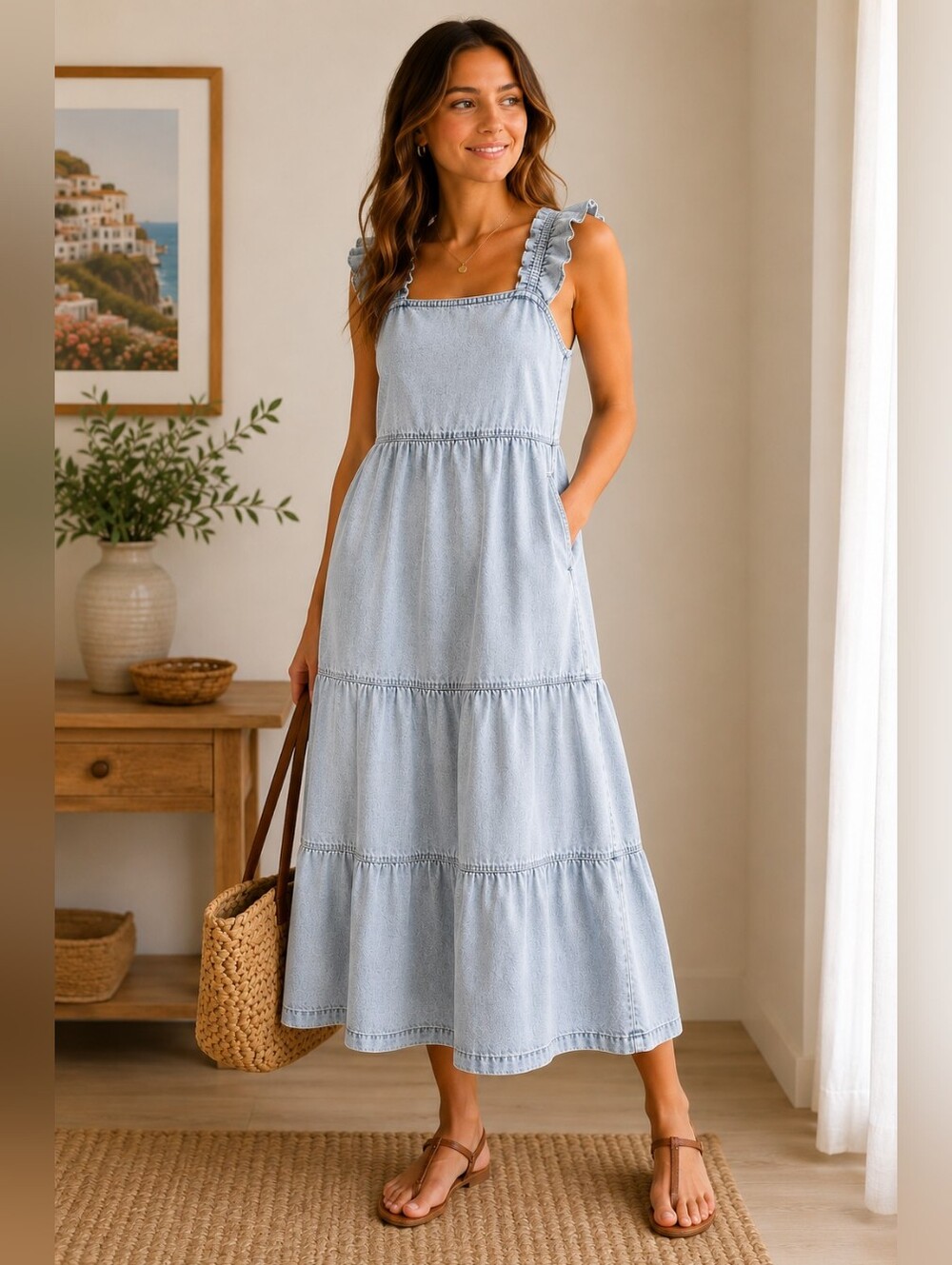 Simply Be Light Blue Denim Tiered Ruffle Strap Dress